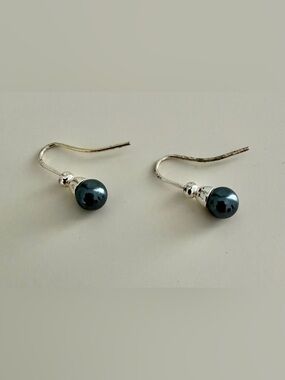 Silver Hook Earrings with Dark Gray Pearl Drops